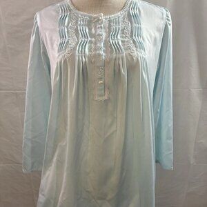 Miss Elaine Petites Small Vintage Light Blue Nightgown Long Sleeve Rose Embroide